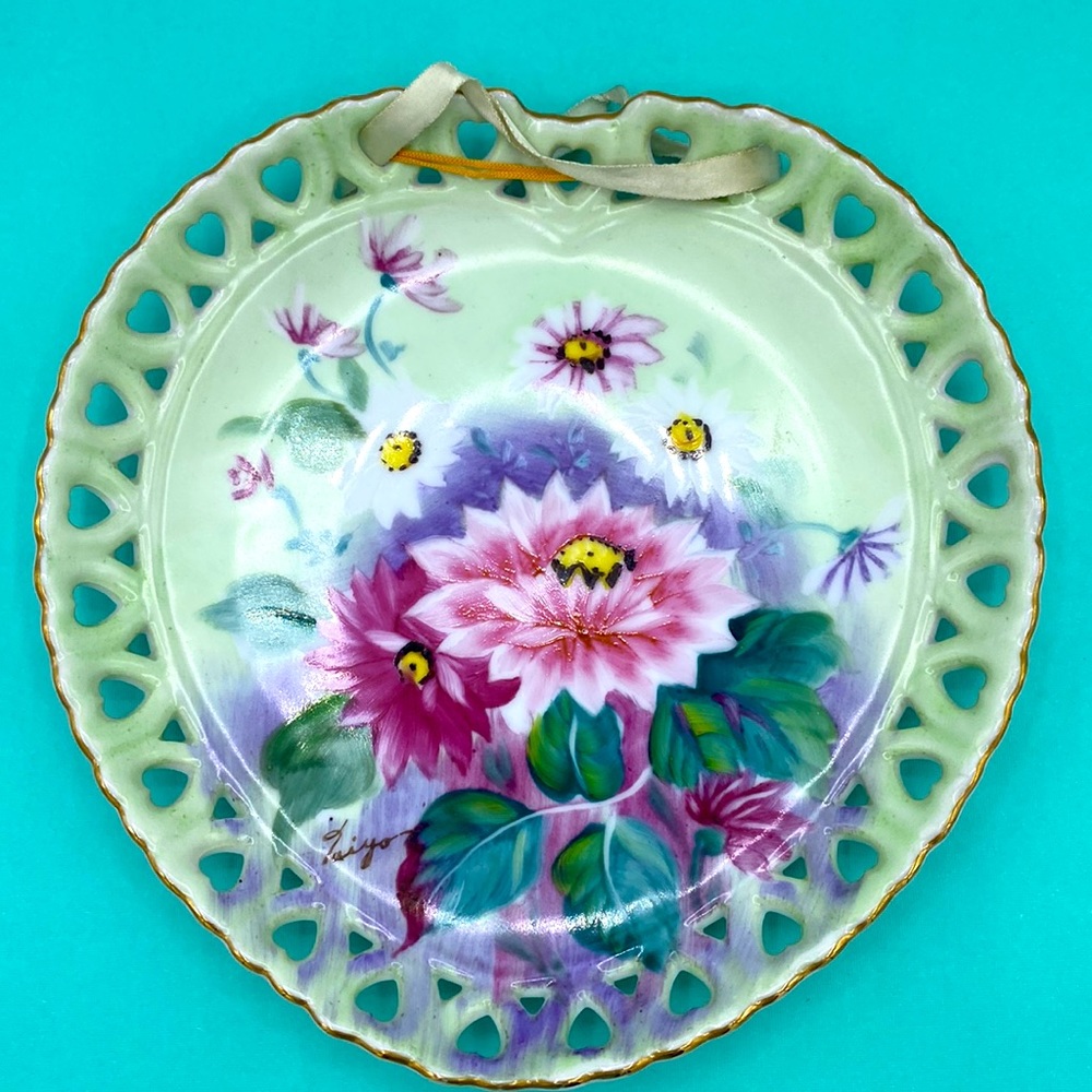 Vintage Japan Marco Hand Painted And Signed Heart Shaped Flower Plate